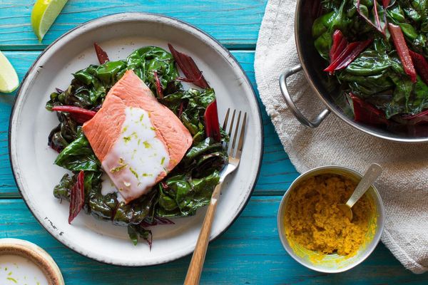 Southeast Asian coconut-poached salmon with red chard