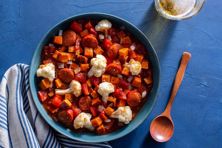 Smoked linguiça sausage with sweet potatoes and cauliflower