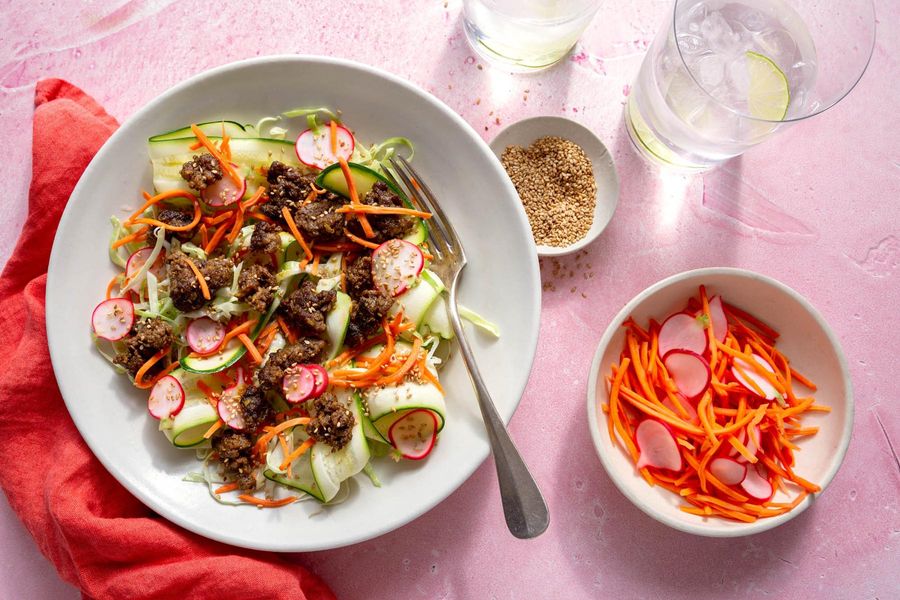 Vietnamese beef salad with zucchini ribbons and pickled vegetables