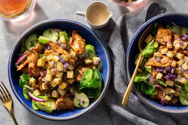 Beef shawarma salad with roasted potato and lemon-tahini dressing