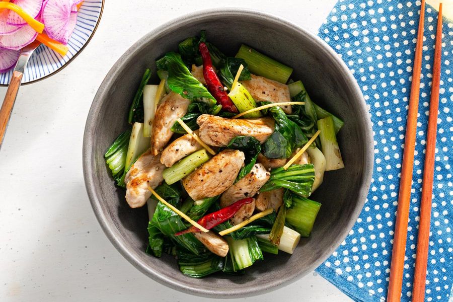 Ginger and bok choy stir-fry with pickled daikon salad