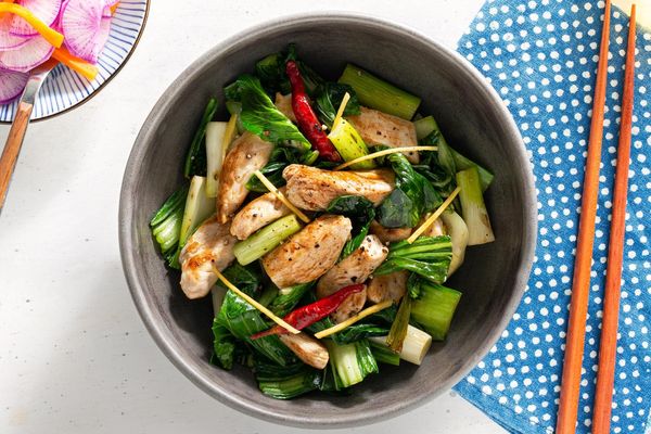 Ginger chicken and bok choy stir-fry with pickled daikon salad