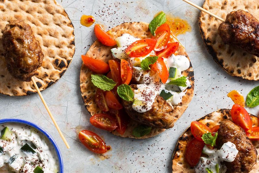 Lamb Köfte Kebabs with Tomato Relish and Tzatziki image