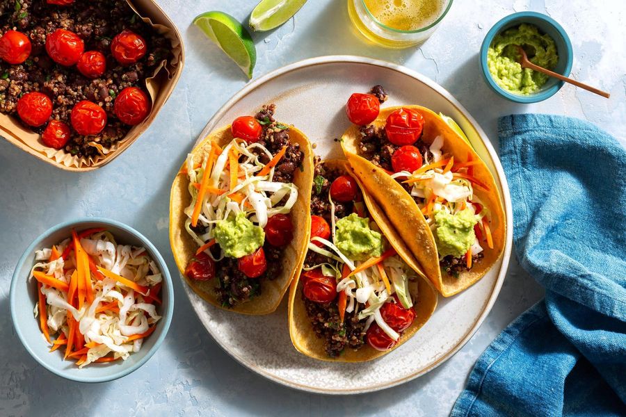 Santa Monica quinoa–black bean tacos with guacamole and cabbage slaw