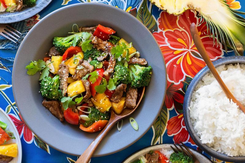 Hawaiian Steak StirFry With Broccoli and Pineapple Over Steamed Rice