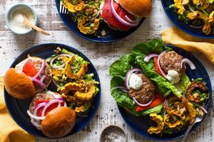 Lettuce-wrapped turkey sliders with basil mayo and squash salad