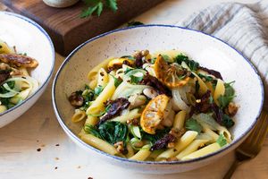 Penne with fried lemons, white beans, and sun-dried tomatoes