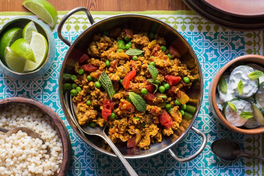 Turkey keema with peas, pearl couscous, and cucumber raita