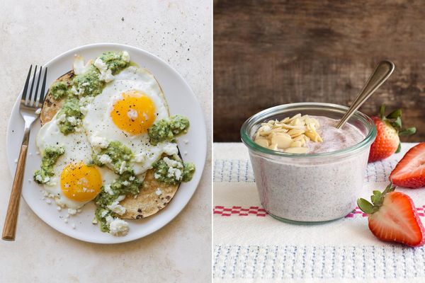 Fried eggs with green romesco & Overnight strawberry-chia pudding