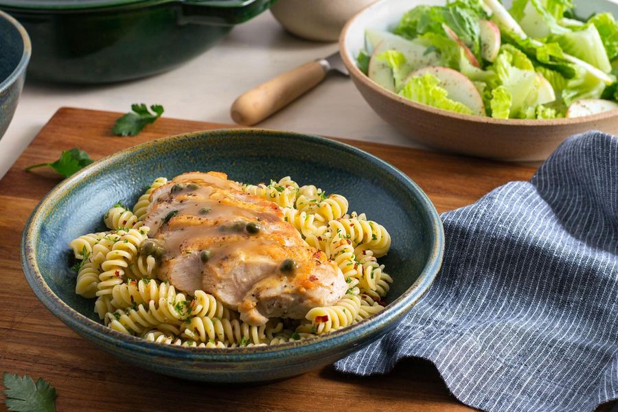 Chicken piccata with romaine-apple salad and gluten-free fusilli