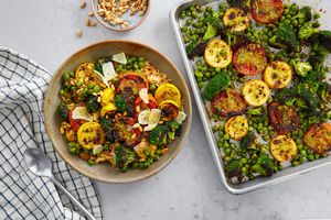Toasted orzo with pesto, roasted vegetables, and chickpeas