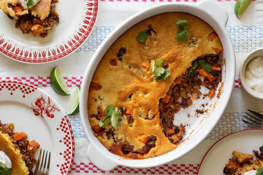 Two-bean and sweet potato tamale pie