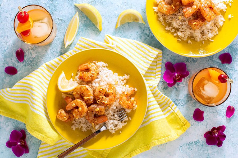 Hawaiian garlic shrimp with coconut rice