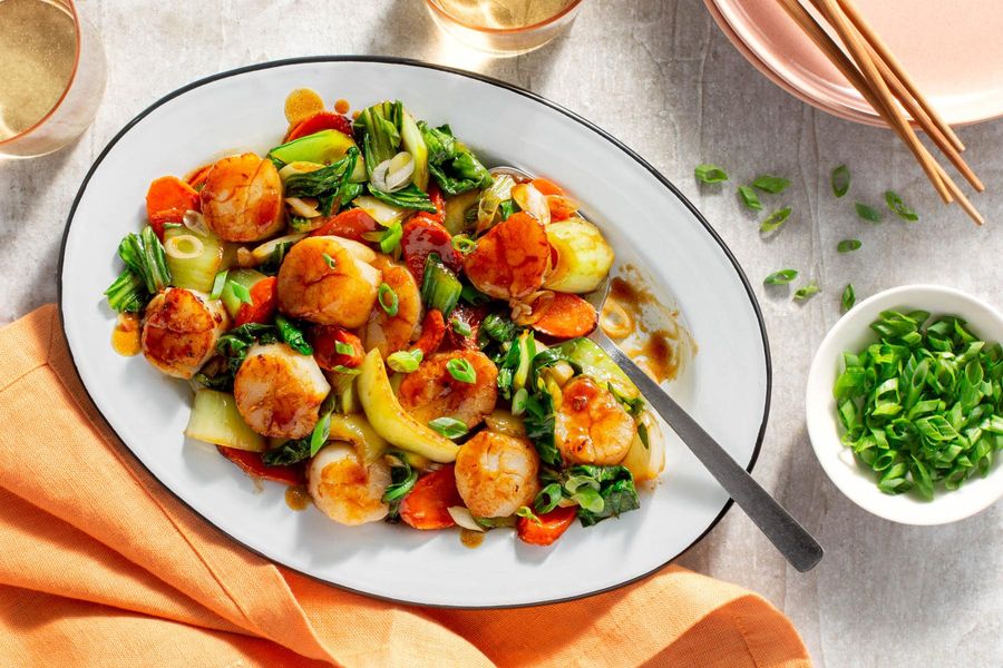 Asian stir-fry with bok choy, carrots, and umami glaze