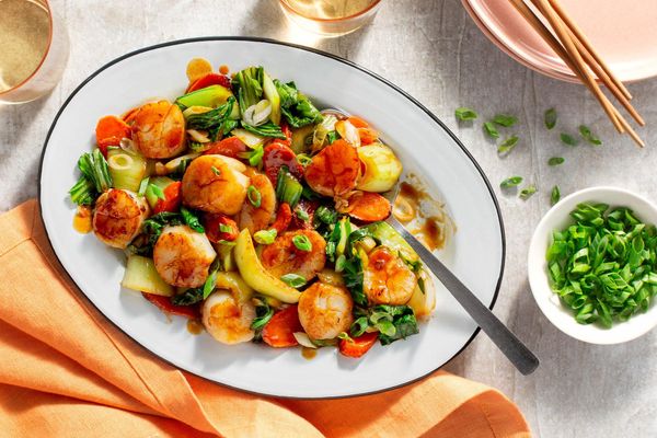 Shrimp stir-fry with bok choy, carrots, and umami glaze