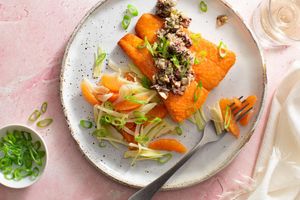 Seared salmon with artichoke-olive tapenade and citrus-fennel salad