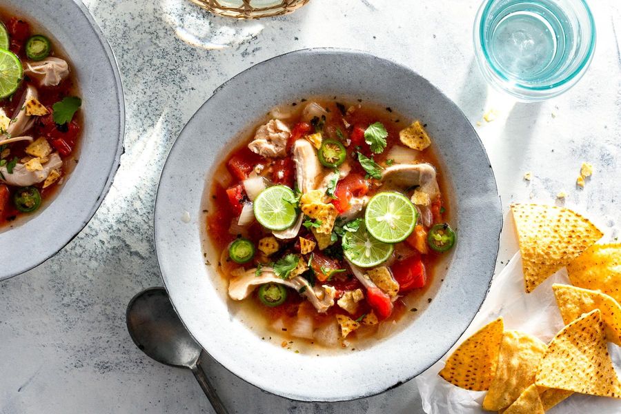 Yucatecan sopa de lima with shredded chicken and tortilla chips