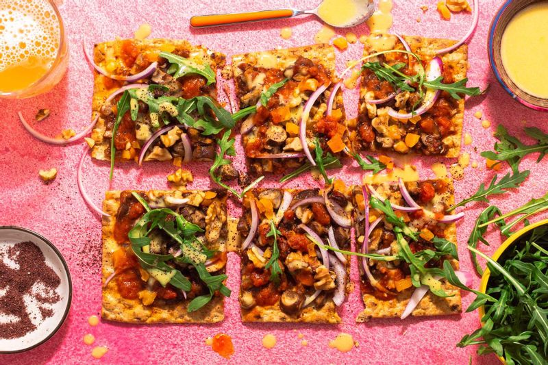 Walnut-Mushroom Flatbreads with Apricots and Lemon-Tahini Dressing | Sunbasket