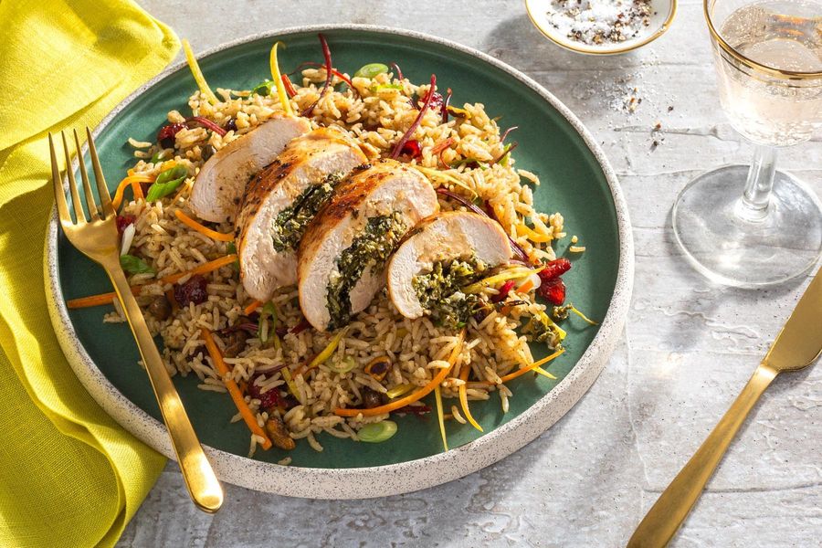 Chicken roulade with watercress and feta over Persian jeweled rice