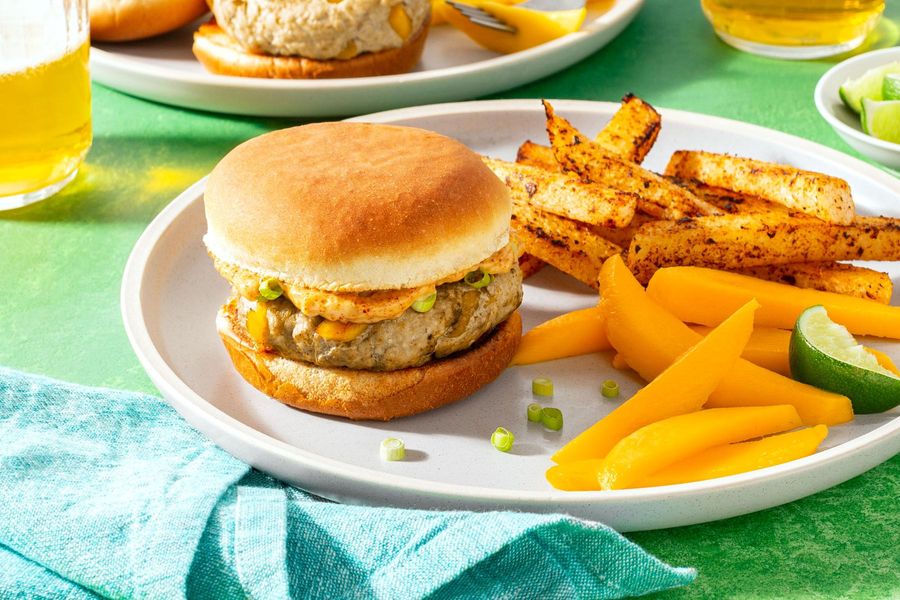 Southwestern burgers with mango, chipotle mayo, and jicama fries