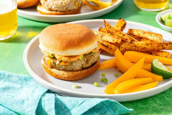 Southwestern pork burgers with mango, chipotle mayo, and jicama fries