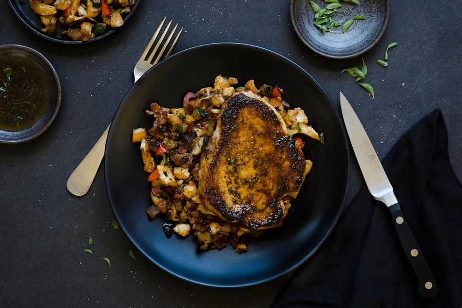 Seared pork and cauliflower bacon hash 