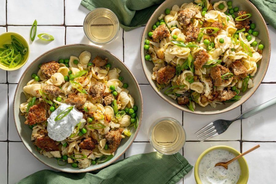 Orecchiette with cabbage, peas, and your choice of protein