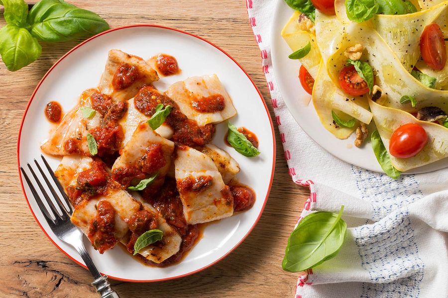 Sole arrabbiata and squash-ribbon salad with tomato and basil