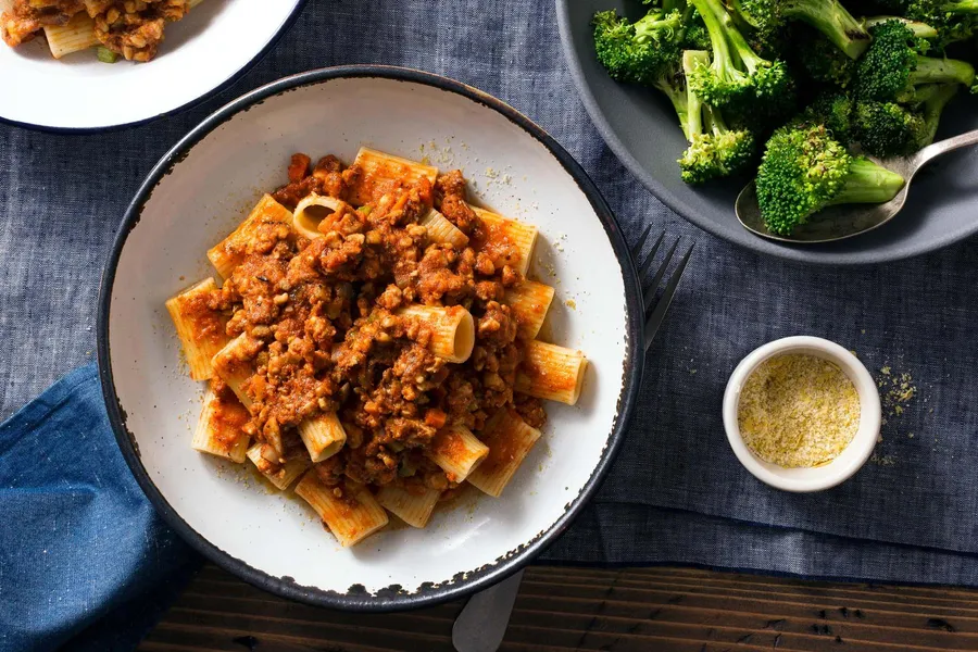 Tempeh Bolognese and gluten-free rigatoni with roasted broccoli