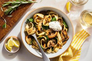 Fresh pappardelle with cremini mushrooms, spinach, and ricotta