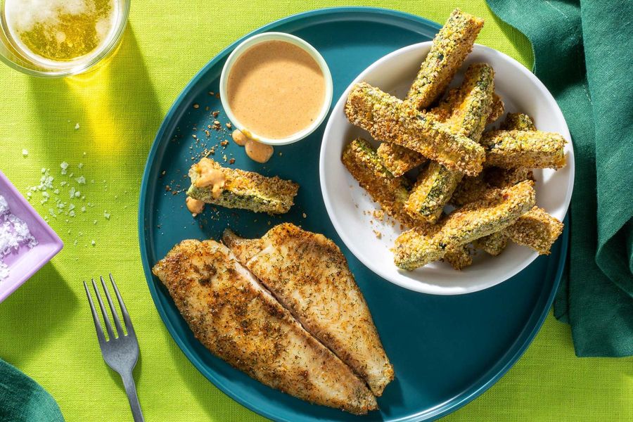 Spiced sole with sesame-zucchini fries and tomato aioli