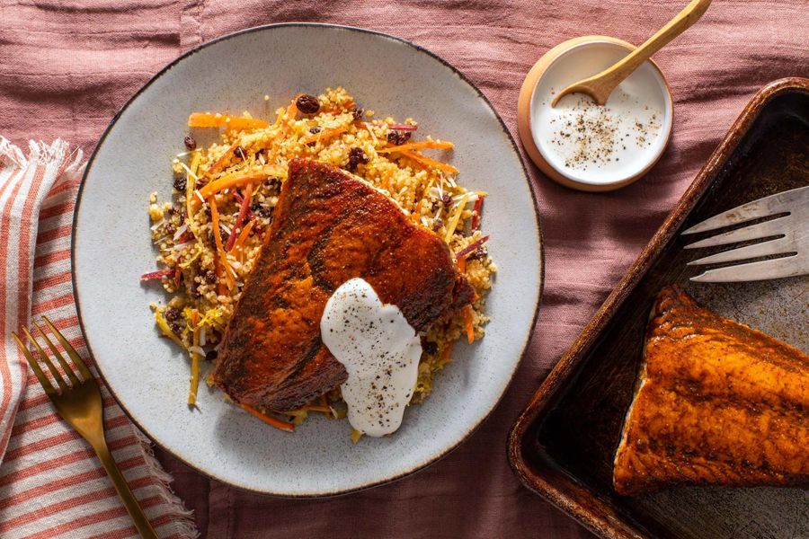 Moroccan-spiced salmon with jeweled couscous and lemon yogurt