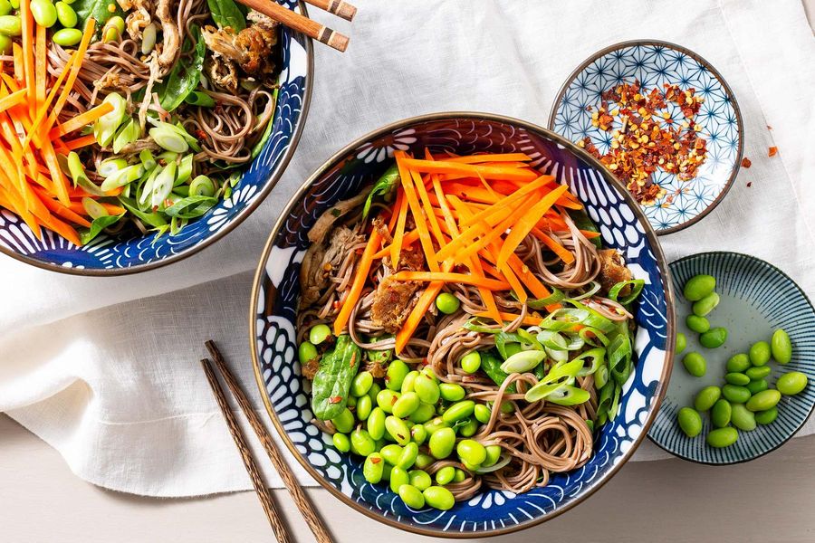Five-spice pork and soba noodle bowls with edamame