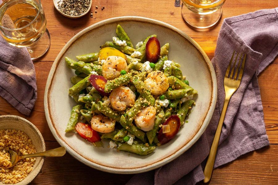 Stovetop penne casserole with carrots, peas, and ricotta