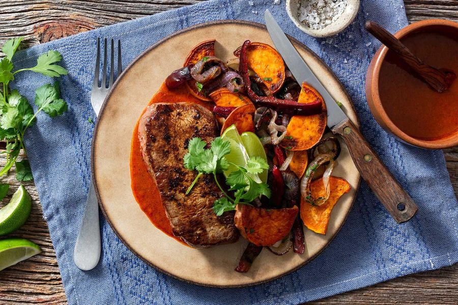 Southwestern steaks with roasted peppers and New Mexican chile salsa