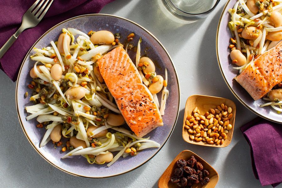 King salmon over endive and white bean salad with bagna càuda dressing