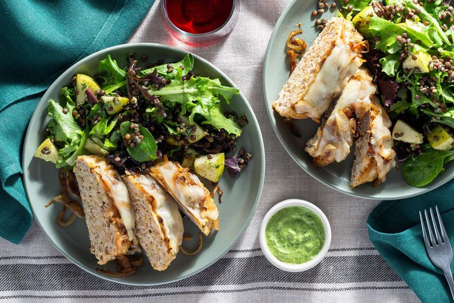 Cheesy French onion meatloaf with lentil and mixed green salad