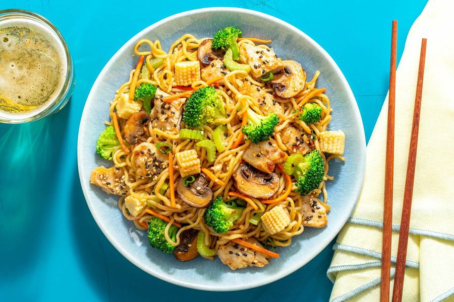 Vegetarian chow mein with Daring plant-based chicken