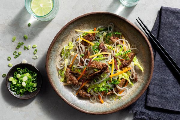 Korean glass noodle japchae with cabbage and carrots