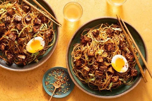 Pork lo mein with cabbage, black soybean sauce, and soft-cooked eggs