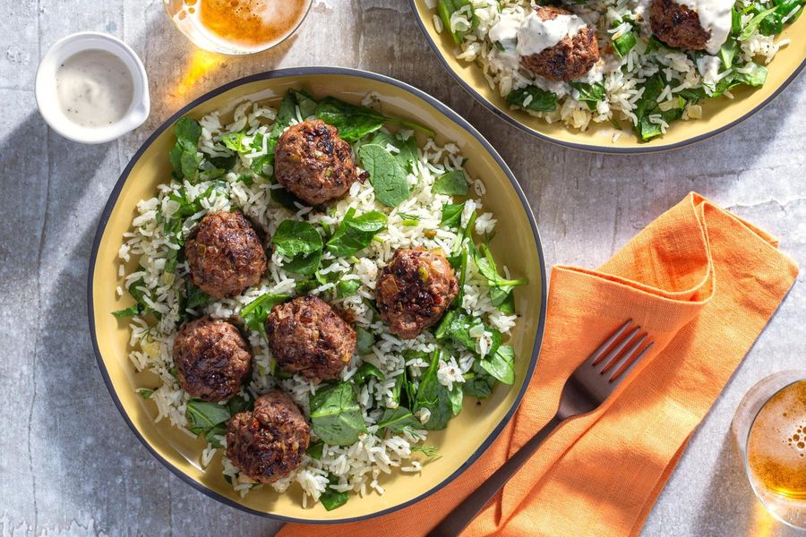 Greek meatballs with spanakorizo spinach rice and lemon-tahini yogurt