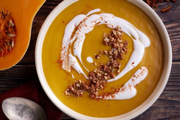Butternut Squash Bisque with Spiced Pecans & Yogurt