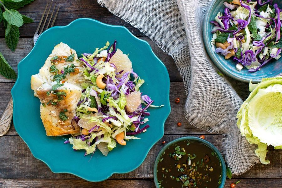 Thai-style cod with cilantro-lime sauce and grapefruit slaw 