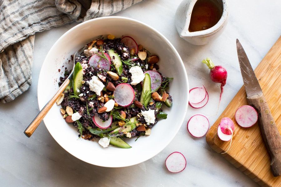 Forbidden rice and quinoa salad with almonds and ricotta salata