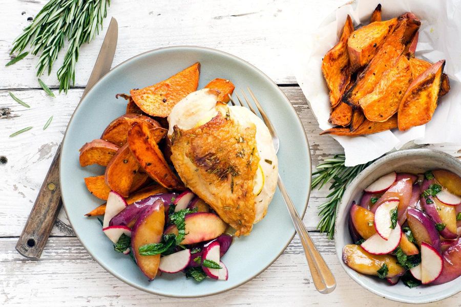 Rosemary-roasted chicken with warm nectarine salad and sweet potatoes