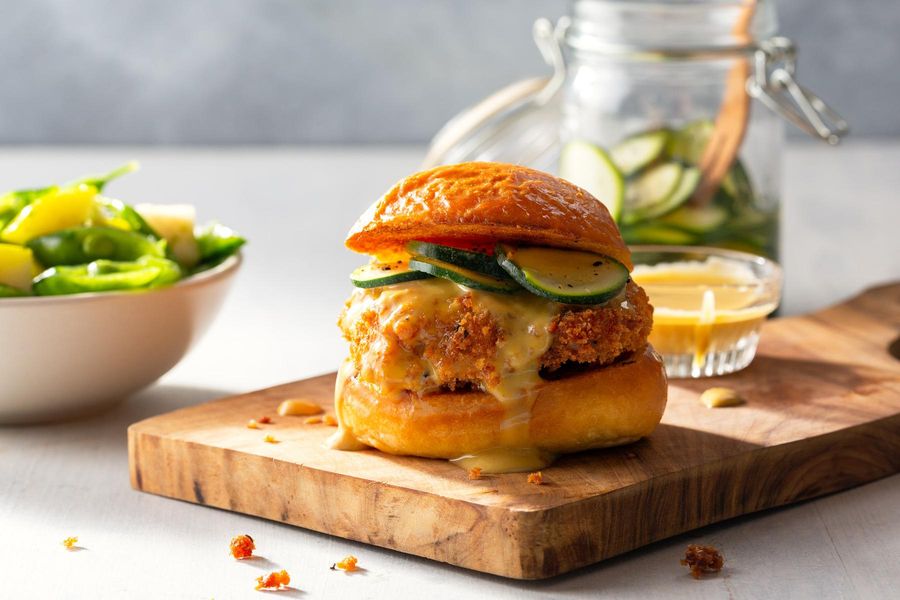 Fried chicken sliders with honey-mustard mayo and pickled zucchini