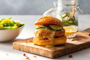 Fried chicken sliders with honey-mustard mayo and pickled zucchini