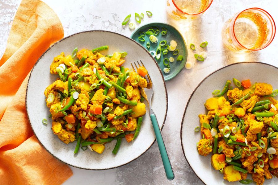 Spiced Pakistani keema with potatoes, green beans, and tomatoes