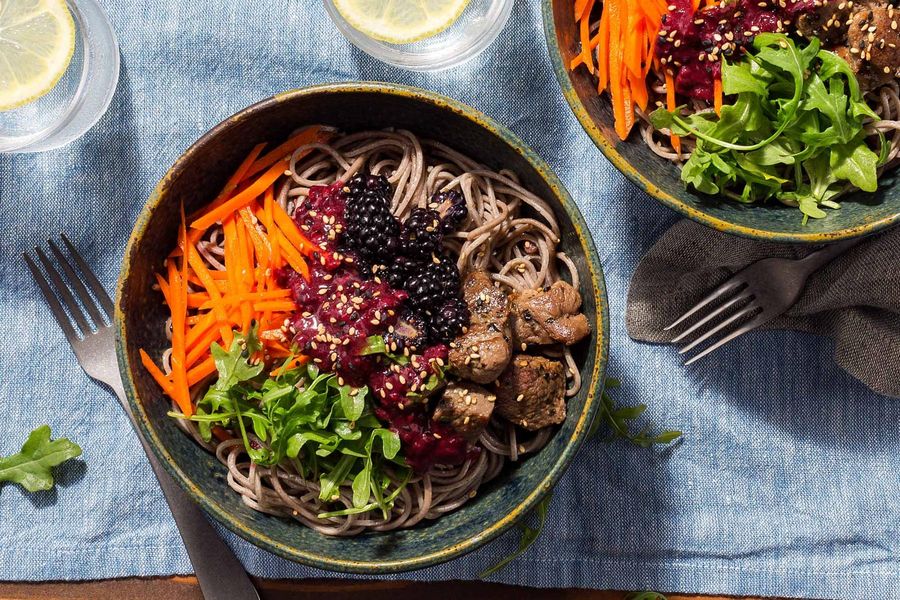 Speedy herbed pork and soba noodle salad with blackberry-miso dressing