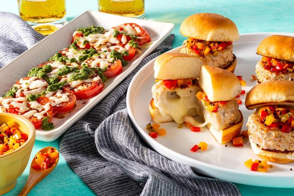 Juicy Lucy sliders with peperonata relish and warm caprese salad